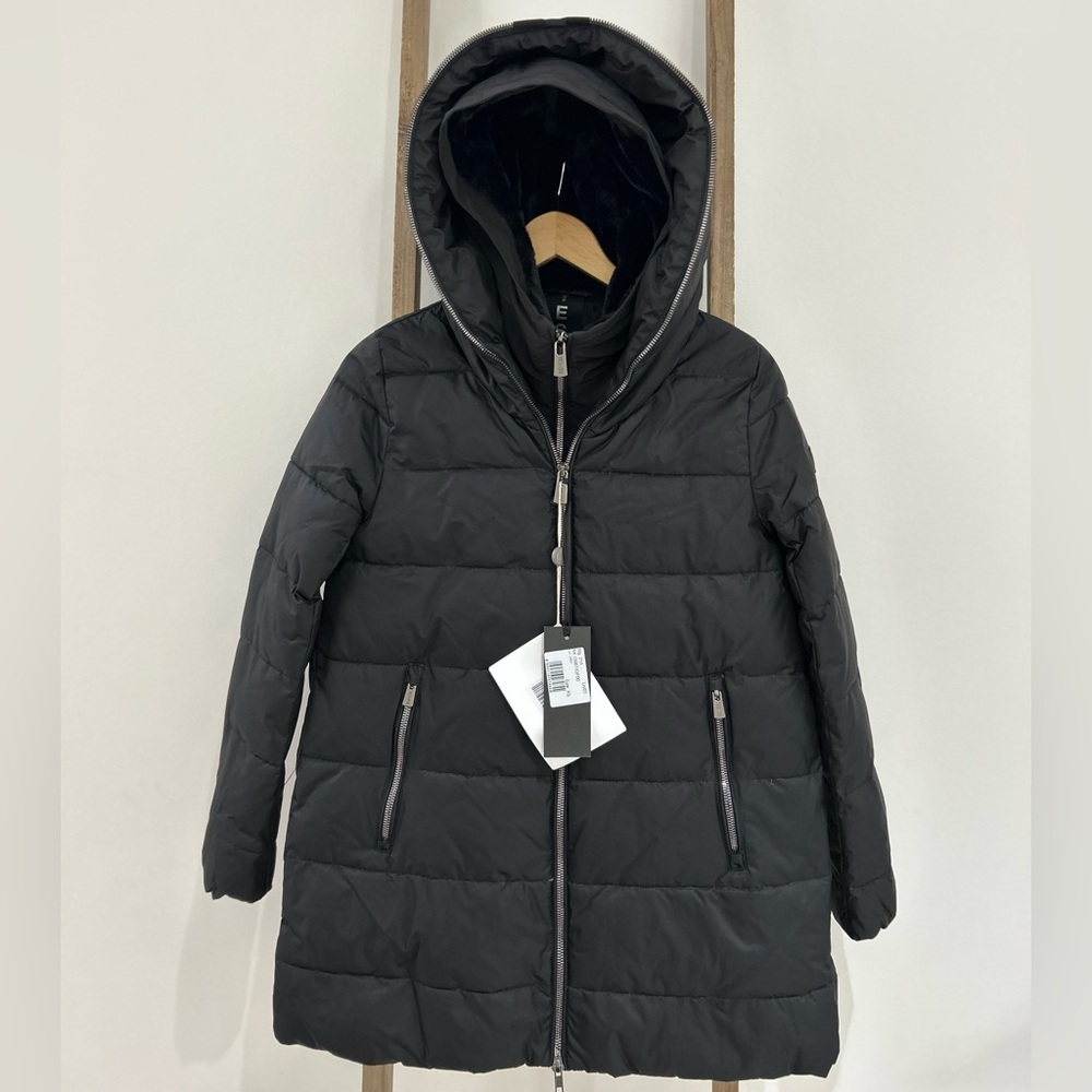 YES ZEE Black Hooded Down Puffer Coat Removable Inner Vest Women’s Size XS NWT